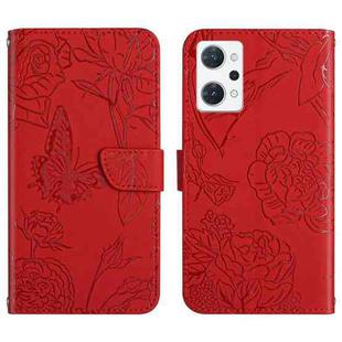 For OPPO Reno7 A HT03 Skin Feel Butterfly Embossed Flip Leather Phone Case(Red)