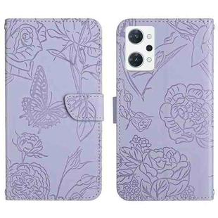 For OPPO Reno7 A HT03 Skin Feel Butterfly Embossed Flip Leather Phone Case(Purple)