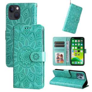 For iPhone 13 mini Embossed Sunflower Leather Phone Case (Green)