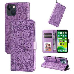 For iPhone 13 mini Embossed Sunflower Leather Phone Case (Purple)