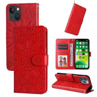 For iPhone 13 Embossed Sunflower Leather Phone Case(Red)