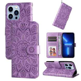 For iPhone 13 Pro Embossed Sunflower Leather Phone Case (Purple)