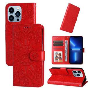 For iPhone 13 Pro Max Embossed Sunflower Leather Phone Case (Red)