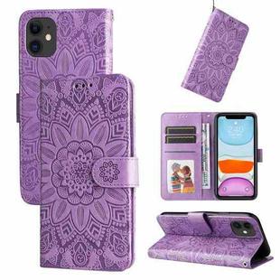 For iPhone 12 mini Embossed Sunflower Leather Phone Case (Purple)