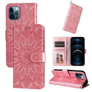 For iPhone 12 / 12 Pro Embossed Sunflower Leather Phone Case(Pink)