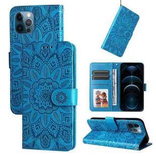 For iPhone 12 / 12 Pro Embossed Sunflower Leather Phone Case(Blue)