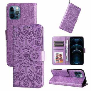 For iPhone 12 / 12 Pro Embossed Sunflower Leather Phone Case(Purple)