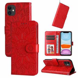 For iPhone 11 Embossed Sunflower Leather Phone Case (Red)