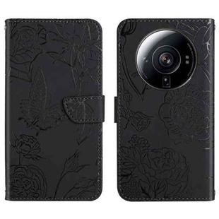 For Xiaomi 12S Ultra Skin Feel Butterfly Peony Embossed Leather Phone Case(Black)