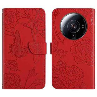 For Xiaomi 12S Ultra Skin Feel Butterfly Peony Embossed Leather Phone Case(Red)