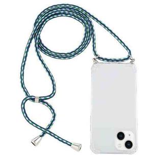 For iPhone 14 Four-Corner Shockproof Transparent TPU Case with Lanyard (Green Blue White)