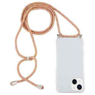 For iPhone 14 Four-Corner Shockproof Transparent TPU Case with Lanyard (Orange Purple)
