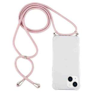 For iPhone 14 Four-Corner Shockproof Transparent TPU Case with Lanyard (Pink)