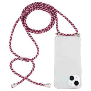 For iPhone 14 Plus Four-Corner Shockproof Transparent TPU Case with Lanyard (Red Grey Yellow)