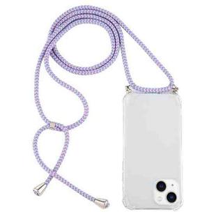 For iPhone 14 Plus Four-Corner Shockproof Transparent TPU Case with Lanyard (Purple Blue Yellow)