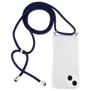 For iPhone 14 Plus Four-Corner Shockproof Transparent TPU Case with Lanyard (Dark Blue)