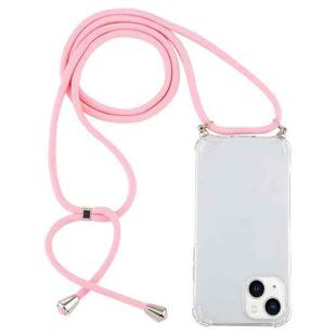 For iPhone 14 Plus Four-Corner Shockproof Transparent TPU Case with Lanyard (Light Pink)