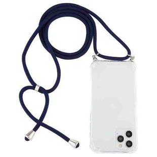 For iPhone 14 Pro Four-Corner Shockproof Transparent TPU Case with Lanyard(Dark Blue)