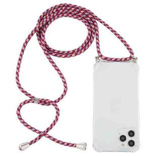 For iPhone 14 Pro Max Four-Corner Shockproof Transparent TPU Case with Lanyard (Red Grey Yellow)