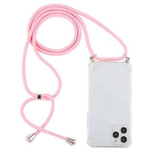 For iPhone 14 Pro Max Four-Corner Shockproof Transparent TPU Case with Lanyard (Light Pink)