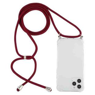 For iPhone 14 Pro Max Four-Corner Shockproof Transparent TPU Case with Lanyard (Wine Red)