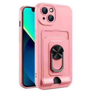 For iPhone 14 Ring Kickstand Card Wallet TPU Phone Case (Pink)