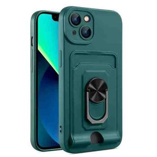 For iPhone 14 Ring Kickstand Card Wallet TPU Phone Case (Night Green)