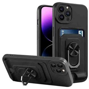 For iPhone 14 Pro Ring Kickstand Card Wallet TPU Phone Case(Black)