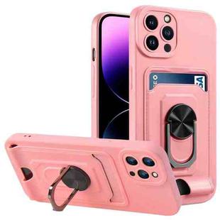 For iPhone 14 Pro Max Ring Kickstand Card Wallet TPU Phone Case (Pink)