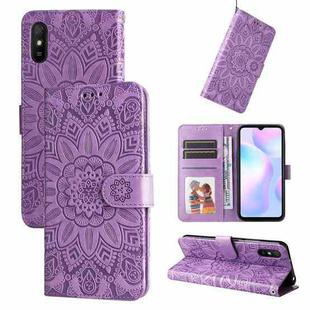 For Xiaomi Redmi 9A Embossed Sunflower Leather Phone Case(Purple)