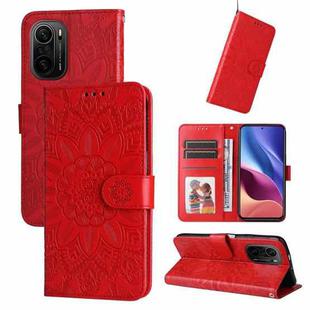 For Xiaomi Redmi K40 / K40 Pro / Xiaomi Poco F1 Embossed Sunflower Leather Phone Case(Red)