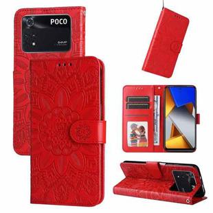 For Xiaomi Poco M4 Pro 4G Embossed Sunflower Leather Phone Case(Red)