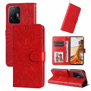 For Xiaomi 11T / 11T Pro Embossed Sunflower Leather Phone Case(Red)