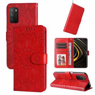 For Xiaomi Poco M3 / Redmi 9T / Redmi 9 Power Embossed Sunflower Leather Phone Case(Red)