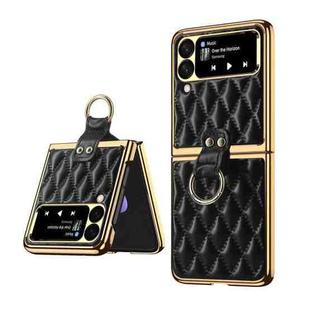 For Samsung Galaxy Z Flip4 Diamond Lattice Plain Leather Ring Phone Case(Black)