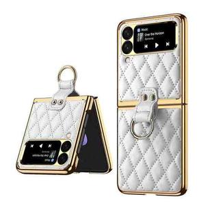 For Samsung Galaxy Z Flip4 Diamond Lattice Plain Leather Ring Phone Case(White)