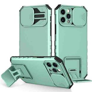 For iPhone 14 Stereoscopic Holder Sliding Camshield Phone Case (Light Blue)