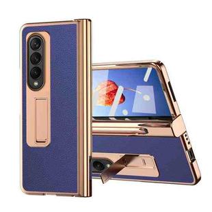 For Samsung Galaxy Z Fold4 Litchi Texture Leather Hinged Electroplated Phone Case with Pen(Blue)
