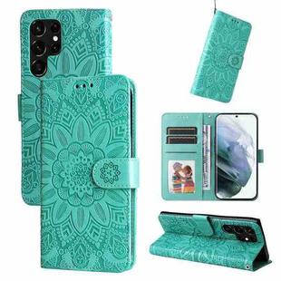 For Samsung Galaxy S22 Ultra 5G Embossed Sunflower Leather Phone Case(Green)