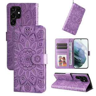 For Samsung Galaxy S22 Ultra 5G Embossed Sunflower Leather Phone Case(Purple)