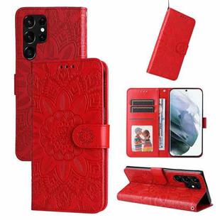 For Samsung Galaxy S22 Ultra 5G Embossed Sunflower Leather Phone Case(Red)