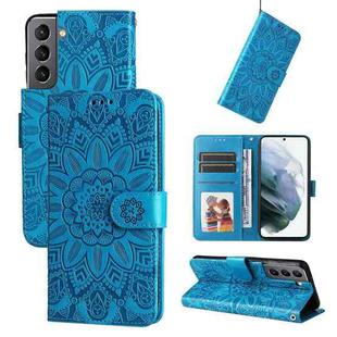 For Samsung Galaxy S21 5G Embossed Sunflower Leather Phone Case(Blue)