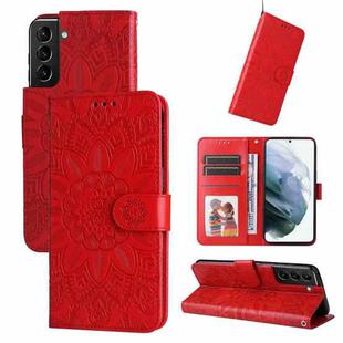 For Samsung Galaxy S21+ 5G Embossed Sunflower Leather Phone Case(Red)