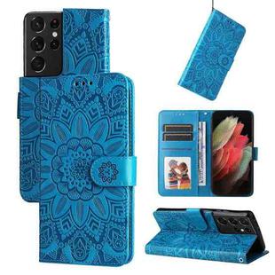 For Samsung Galaxy S21 Ultra 5G Embossed Sunflower Leather Phone Case(Blue)