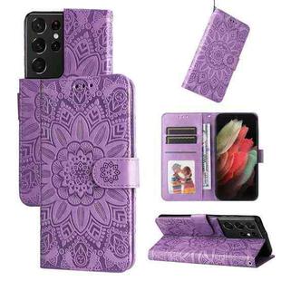 For Samsung Galaxy S21 Ultra 5G Embossed Sunflower Leather Phone Case(Purple)