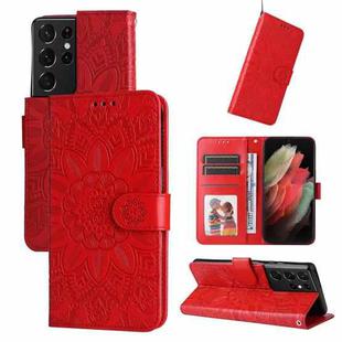 For Samsung Galaxy S21 Ultra 5G Embossed Sunflower Leather Phone Case(Red)