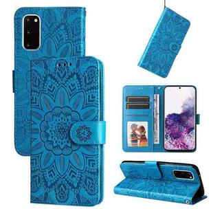 For Samsung Galaxy S20 Embossed Sunflower Leather Phone Case(Blue)