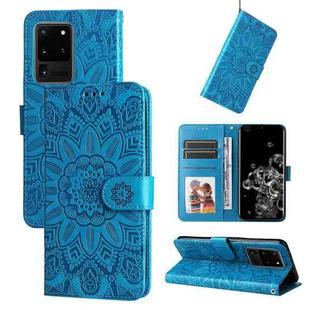 For Samsung Galaxy S20 Ultra Embossed Sunflower Leather Phone Case(Blue)