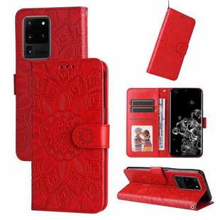 For Samsung Galaxy S20 Ultra Embossed Sunflower Leather Phone Case(Red)