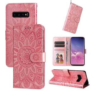 For Samsung Galaxy S10+ Embossed Sunflower Leather Phone Case(Pink)